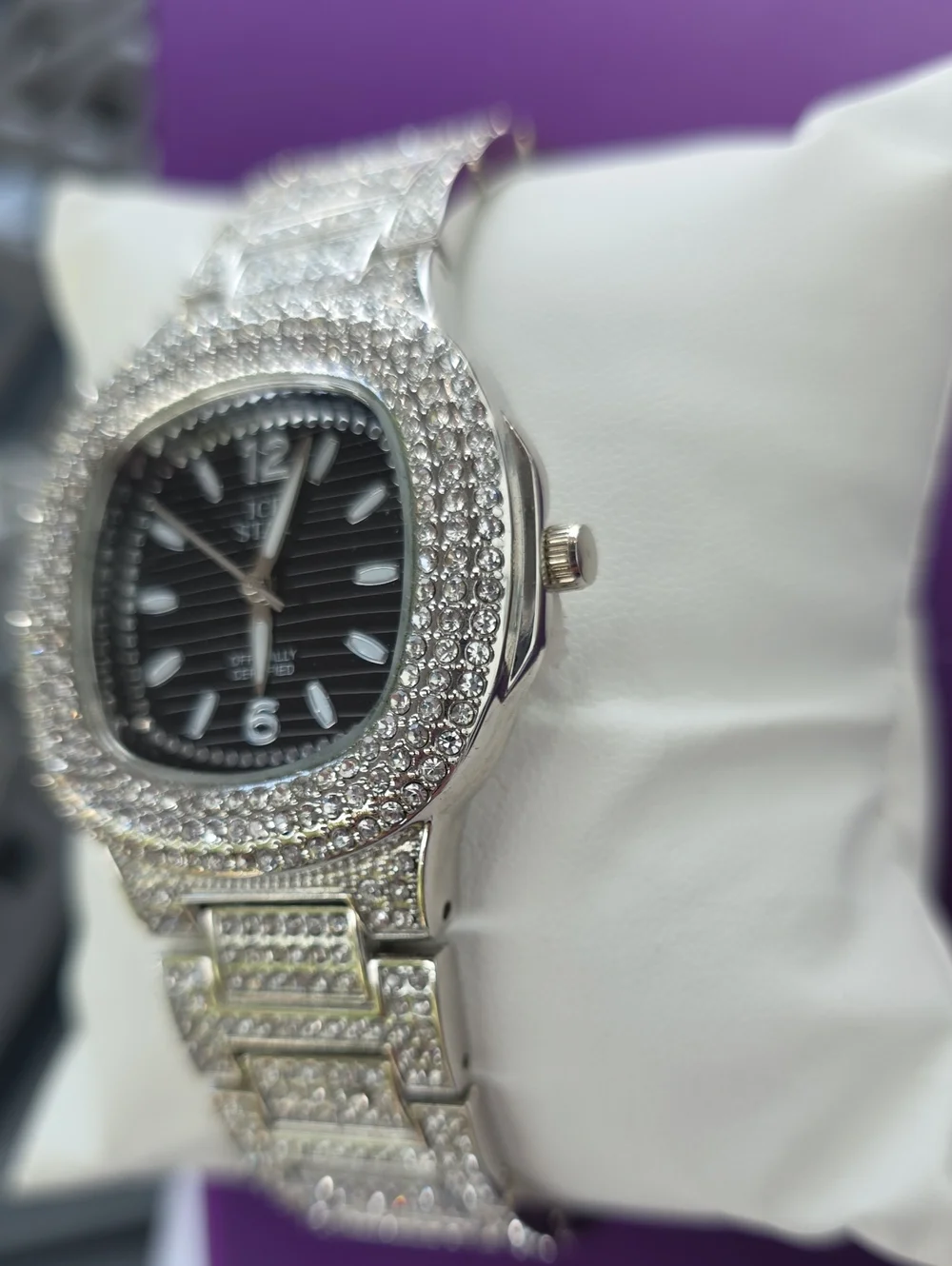 550.  Silver Men’s Crystal Bracelet Watch - Black Dial